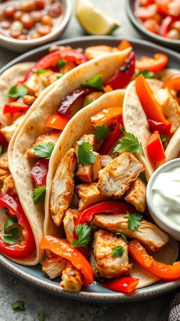 A plate of chicken fajitas with colorful vegetables and tortillas, garnished with cilantro and served with salsa.